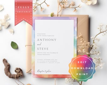 Printable LGBTQ Wedding Invitation | Rainbow Invitation Template | Editable Digital Pride Invitation for DIY Printing