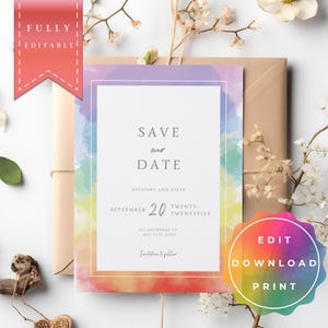 Save the Date LGBTQ+, Lesbische Hochzeit, Gay Hochzeit, Regenbogen, editierbare und druckbare Vorlage, sofortiger Download