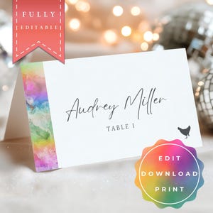 LGBTQ Wedding Place Card with Meal Icons | Foldable Rainbow Pride Seating Card | Editable Pride Name Card Template with Menu Choice