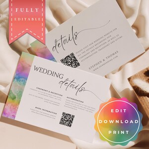 Details Card LGBTQ+ Wedding, QR Code, Same Sex Wedding, Gay Wedding, Rainbow, Pride, editable and printable Template, Instant Download