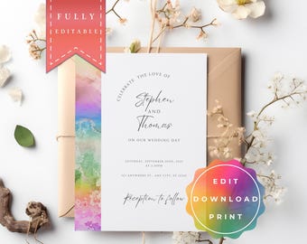 Invitation LGBTQ+ Wedding, Same Sex Wedding, Gay Wedding, Rainbow, Pride, editable and printable Template, Instant Download