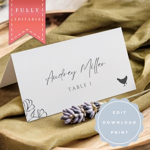 Printable Wedding Place Cards with Meal Icons | Foldable Seating Card Template for Minimalist Wedding | Editable Name Card with Menu Choice