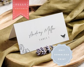 Printable Wedding Place Cards with Meal Icons | Foldable Seating Card Template for Minimalist Wedding | Editable Name Card with Menu Choice