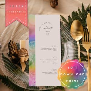Bar Menu LGBTQ+, Wedding Drinks Menu, Same Sex Wedding, Gay Wedding, Rainbow, Pride, editable and printable Template, Instant Download