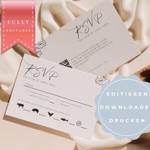 Könnte beinhalten: Eine weiße RSVP-Karte mit schwarzem Text und Symbolen. Die Karte hat einen Bereich, in dem Gäste ihre Teilnahme und ihre Ernährungspräferenzen angeben können. Der Text auf der Karte lautet "RSVP" und "Bis zum 19 April 2026".