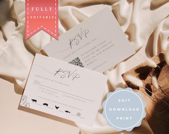 RSVP Cards, QR Code, Minimalist Wedding, DIY Wedding, editable and printable Template, instant Download