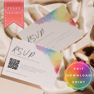 RSVP Karte LGBTQ+, QR Code, Lesbische Hochzeit, Gay Hochzeit, Regenbogen, editierbare und druckbare Vorlage, sofortiger Download