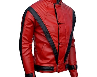 May include: A red leather jacket with black accents. The jacket features a stand-up collar, quilted shoulder detailing, and black stripes running down the sleeves and across the chest. It has a button-up front and a fitted silhouette.