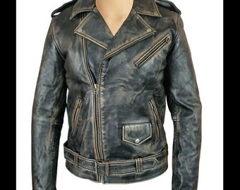 May include: A distressed black leather motorcycle jacket with a zipper closure, two front pockets, and a belt at the waist.