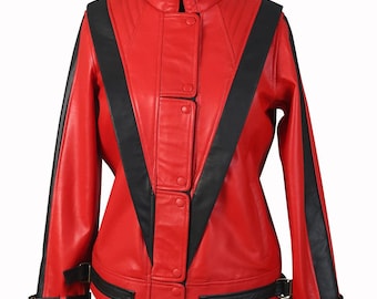 May include: A red leather jacket with black accents and a zipper closure. The jacket has a stand-up collar and long sleeves.