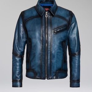 Blouson en cuir vintage fait main pour homme, Blouson en cuir effet vieilli bleu, Blouson de style motard, Blouson aviateur en cuir, Blouson de soirée,