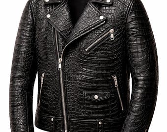Men's Black Crocodile Leather Biker Jacket - Luxury Genuine Leather Motorcycle
