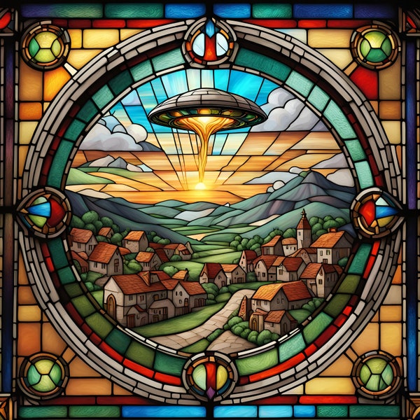 AI Artwork, 8k, Stained glass UFO and medieval village: 1292, First contact