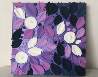 Purple, White & Blue Original Textured Floral Artwork Painting 6 x 6 inch Impasto Wall Art, Flower petals 3D Texture Art, Mini Wall Art