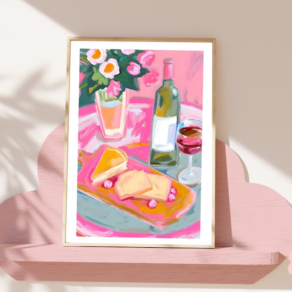 Pink French Breakfast Wine & Cheese Wall Art Print - Stylish Culinary Decor - Modern Illustration - Chic Home Decoration - Unique Gift