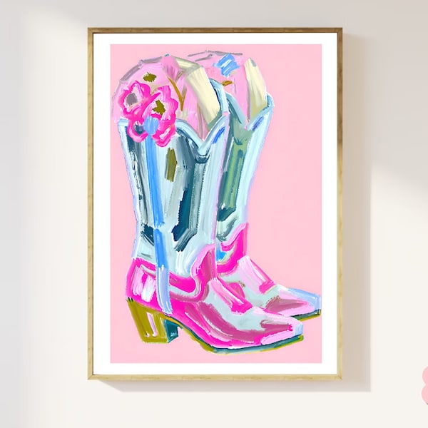 Cowboy Boots Colourful Poster | Cow boy Boots Oil painting Print |Pink Trendy Wall Art | Cowgirl Decor Print A5, A4, A3, A2