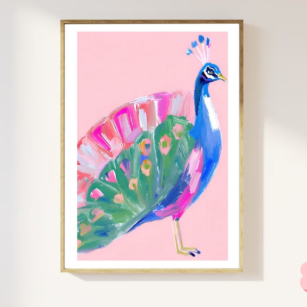 Pink Colourful Peacock Wall Art Print - Stylish Bird Decor - Modern Peacocks Illustration - Digital Download - Print at Home A5,A4,A3,A2