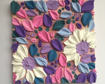 Purple Blue & Pink  Original Textured Floral Artwork Painting 6 x 6 inch Impasto Wall Art, Flower petals 3D Texture Art, Mini Wall Art