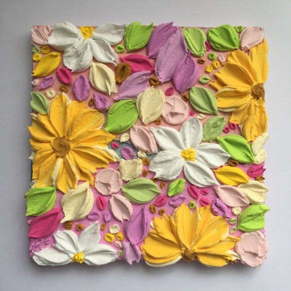 Oeuvre d'art floral texturé originale tournesol rose et jaune 6 x 6 pouces empâtement art mural, pétales de fleurs art texturé 3D, mini art mural