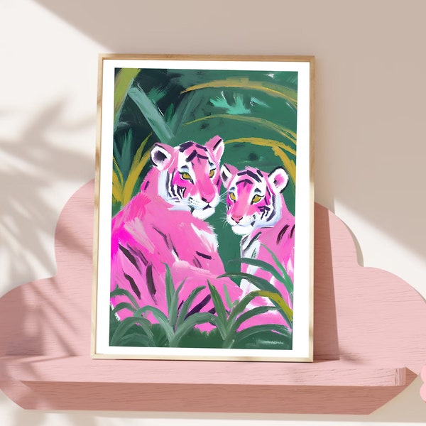 Pink Tiger and cub in the jungle Wall Art Print - Stylish Wildlife Poster - Unique Gift Idea - Digital Download - Print at Home A5,A4,A3,A2