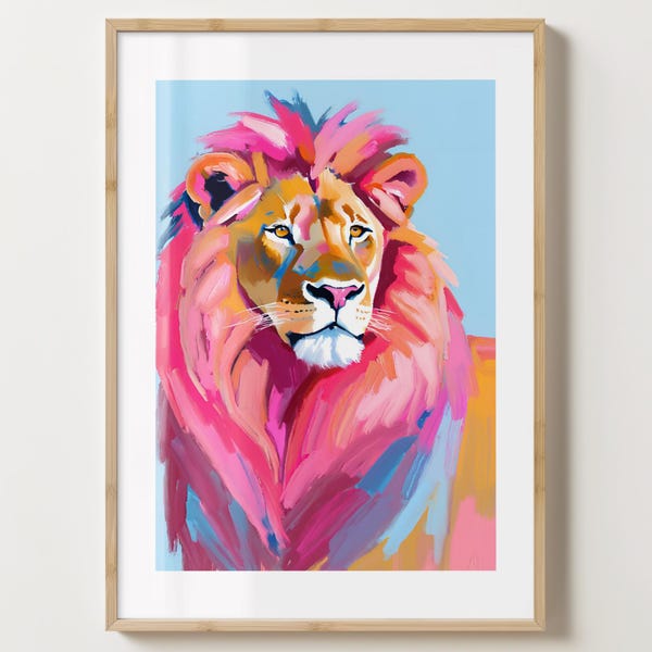 Blue Bright Lion Wall Art - Pink Lion Print - Lions Decor -  Unique Gift Idea - Gloss or Matte - A5,A4,A3 or Digital Download