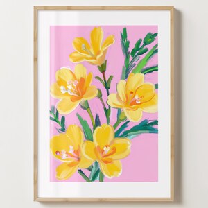 ピンクと黄色のフリージアの花のプリント - 花のポスター - モダンなフリージアアート - バーカートプリント - 光沢またはマット - A5、A4、A3 またはデジタルダウンロード