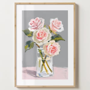 Pink & Grey Rose Vase Wand Kunst - Blumen Poster - Blumen Kunstdruck - Bunte Drucke - Matt oder glänzend - A5,A4,A3 oder digitaler Download