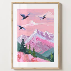 May include: A digital painting of a pink mountain landscape with three black birds flying in the sky. The mountains are painted in shades of pink, purple, and white, with a green valley in the foreground. The sky is a soft pink color with white clouds.