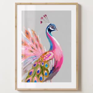 Impresión de arte de pared de pavo real gris colorido - Póster de pájaro elegante de pavo real rosa - Brillo o mate - A5, A4, A3 o descarga digital