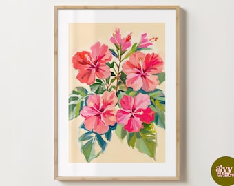 Beige & Pink Hibiscus Flower Art Print - Hibiscus Poster - Colourful Hibiscus Artwork - Floral Print - Gloss or Matte - A5,A4,A3,A2