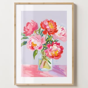 Arte mural con ramo de peonías morado y rosa - Póster floral - Impresión de peonías - Impresiones coloridas - Brillo o mate - A5, A4, A3 o descarga digital