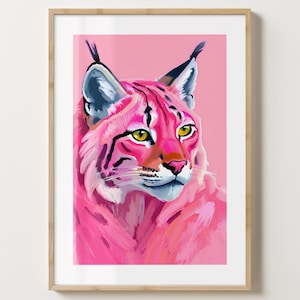 Pink Cute Lynx Wall Art Print - Stylish Wildlife Decor Print  - Wild Animal Prints - Gloss or Matte - A5,A4,A3 or Digital Download