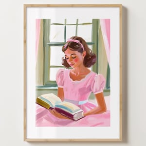 Pink Girl Reading Art Print - Reading Book Lover Poster - Colourful Gift Idea - Gloss or Matte - A5,A4,A3 or Digital Download