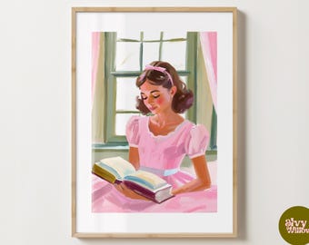 Lámina artística de una chica rosa leyendo - Póster para amantes de la lectura - Idea de regalo colorida - Brillo o mate - Tamaño A5, A4, A3 o descarga digital