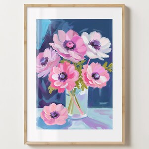 Impresión de jarrón con camelias azules y rosas - Póster floral - Arte floral con camelias - Brillo o mate - Tamaño A5, A4, A3 o descarga digital
