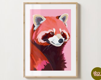Pink Red Panda Wall Art Print  - Stylish Panda Poster  - Gloss or Matte - A5,A4,A3 or Digital Download