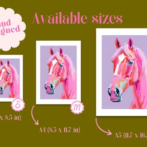 Peut inclure: Impression d'un cheval rose disponible en trois tailles&nbsp;: A5 (5,8 x 8,5 pouces), A4 (8,3 x 11,7 pouces) et A3 (11,7 x 16,5 pouces).