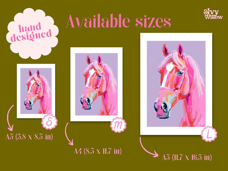 Peut inclure: Impression d'un cheval rose disponible en trois tailles&nbsp;: A5 (5,8 x 8,5 pouces), A4 (8,3 x 11,7 pouces) et A3 (11,7 x 16,5 pouces).