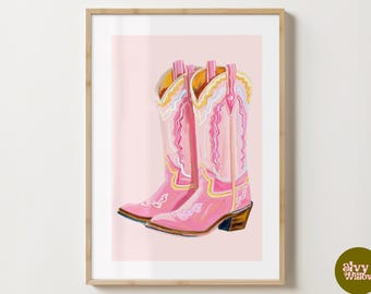 Pink & Yellow Cowgirl Boots Print - Colourful Poster  -  Cow boy Boots Print  - Gloss or Matte - A5,A4,A3 or Digital Download