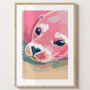 ベージュ & ピンクのアザラシのウォールアートプリント - アザラシの動物のポスター - かわいい動物の海の生き物のカラフルなプリント - 光沢またはマット - A5、A4、A3 またはデジタルダウンロード