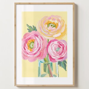 Impresión de flor de ranúnculo rosa y amarillo - Póster de flores - Arte de ranúnculos - Brillo o mate - Tamaño A5, A4, A3 o descarga digital