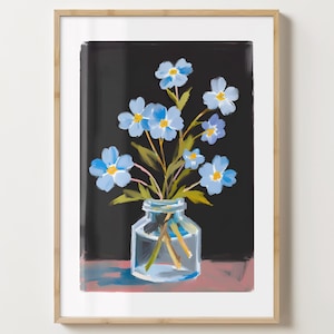 Impresión de jarrón de nomeolvides en azul y negro - Póster de flores - Arte de nomeolvides - Brillo o mate - A5, A4, A3 o descarga digital