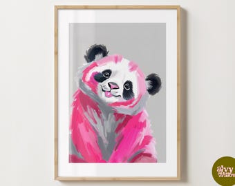 Grey & Pink Panda Wall Art Print - Stylish Panda Poster - Bedroom Print - Colourful Prints  - Gloss or Matte - A5,A4,A3 or Digital Download