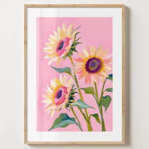 Impression 3 tournesols rose - affiche de fleurs élégantes - oeuvre d'art floral - brillant ou mat - A5, A4, A3 ou téléchargement numérique