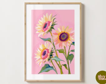 Pink 3 Sunflower Print  - Stylish Flower Poster - Floral Artwork -  Gloss or Matte - A5,A4,A3 or Digital Download