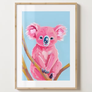 Impression d'art mural koala bleu et rose - décor animalier unique - impressions de koala mignons - brillant ou mat - A5, A4, A3 ou téléchargement numérique