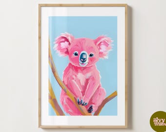Blue & Pink Koala Wall Art Print - Unique Wildlife Decor - Cute Koala Prints - Gloss or Matte - A5,A4,A3 or Digital Download