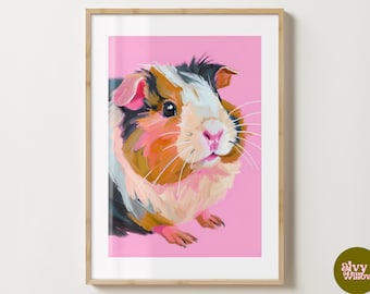 Pink Guinea Pig Print - Guinea Pig Wall Art - Colourful Guinea Pig Artwork - Gloss or Matte Poster - A5,A4,A3 or Digital Download