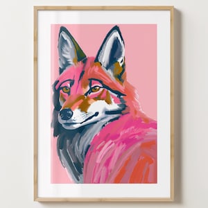 Impression d&#39;art mural coyote rose - impression de décoration animalière élégante - impressions colorées - brillant ou mat - A5, A4, A3 ou téléchargement numérique