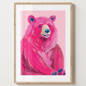 ピンクのクマのウォールアートプリント - スタイリッシュな野生動物のポスター - ピンクのクマのウォールアート - 光沢またはマット - A5、A4、A3 またはデジタルダウンロード